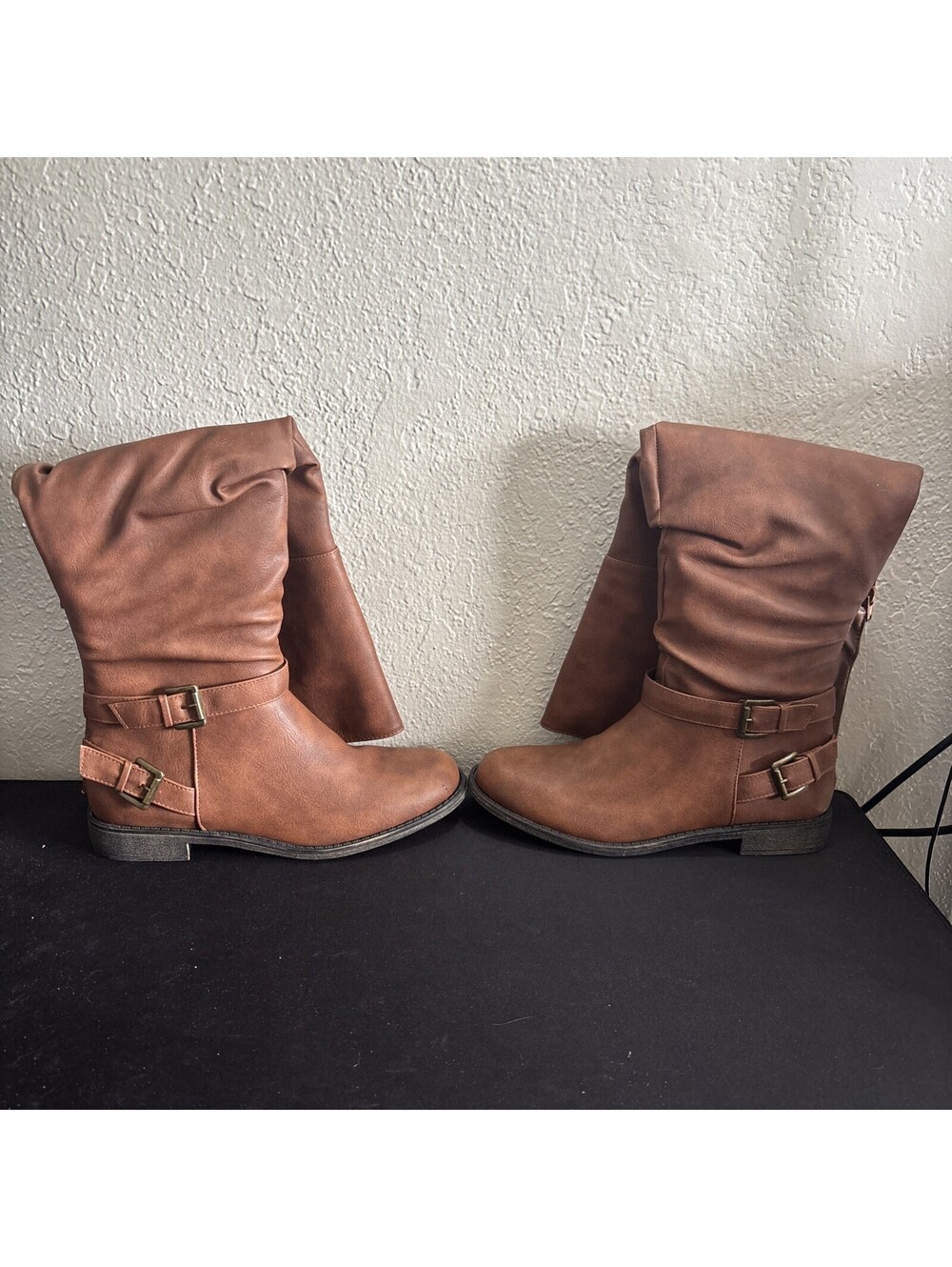 Marit WC Brown Riding Boots Slouch Knee High Double Buckle Strap Size 9